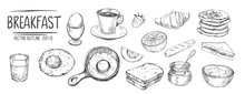 Breakfast Set. Eggs, Coffee, Toasts, Pancakes. Hand Drawn Sketch Converted To Vector