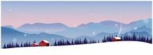 Panorama Vector Illustration Of Countryside Landscape In Winter. Banner Of Red Lonely Hut Or Barn In The Snow. 