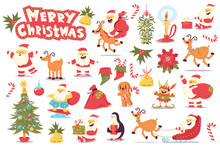 Cute Santa Claus, Christmas Tree, Reindeer, Elf And Holiday Elements. Vector Cartoon Character Set Isolated On White Background.