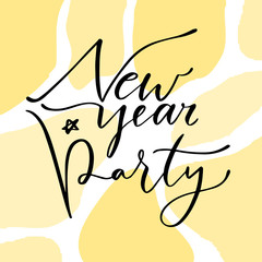 Wall Mural - New Year party card. Holiday typographic icon. Printable calligraphic poster on yellow background