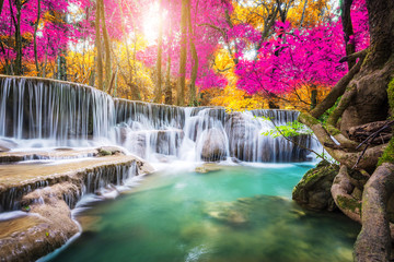  Amazing in nature, beautiful waterfall at colorful autumn forest in fall season