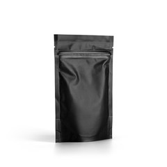 Black plastic vacuum sealed pouch coffee bag isolated on white background. Packaging template mockup collection. Stand-up Half Side view package.