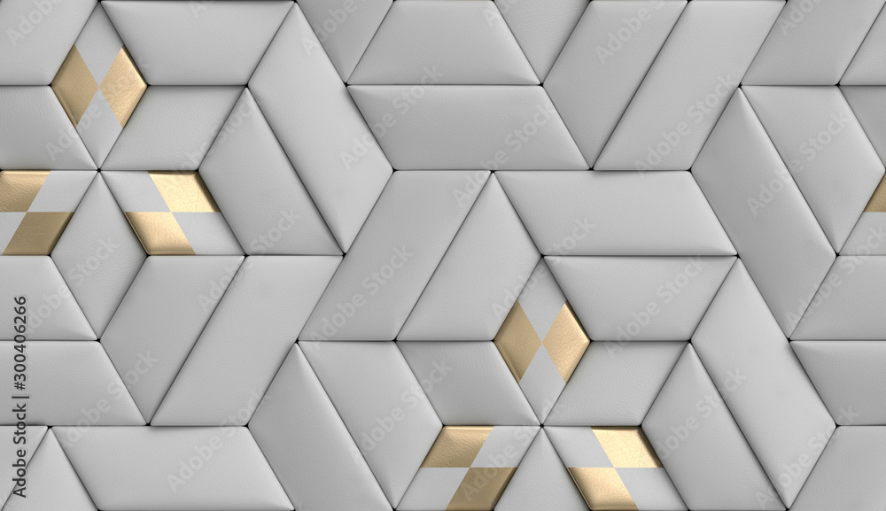 3D wallpaper of 3D soft geometry tiles made from gray leather with golden decor. High quality seamless realistic texture. - obrazy, fototapety, plakaty 