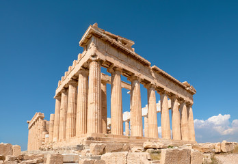 Fototapete - Parthenon temple on a bright day with blue sky. Classical ancient Greek civilization landmark, famous place, panorama travel background.Panoramic image taken in Acropolis hill in Athens, Greece.