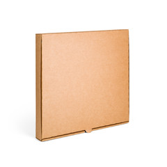 Wall Mural - Blank brown cardboard Pizza paper box isolated on white background. Packaging template mockup collection. Stand-up Half Side view package.