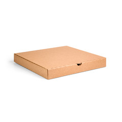 Wall Mural - Blank brown cardboard Pizza paper box isolated on white background. Packaging template mockup collection. Stand-up Half Side view package.