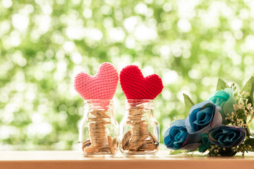 Wall Mural - Gold coin in the two clear bottle with grow value as a red and pink hearts put on the top and the purple flower on bokeh background, Saving money for buy health insurance to the loved ones concept.