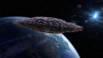 Wall Mural - ufo, alien spaceship in orbit of planet earth, extraterrestrial visitors from outer space in flying 