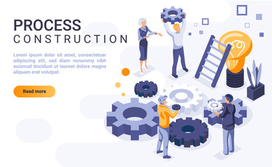 Fototapete - Process construction landing page vector template with isometric illustration. Brainstorming and idea generation homepage interface layout with isometry. Team building 3d webpage design