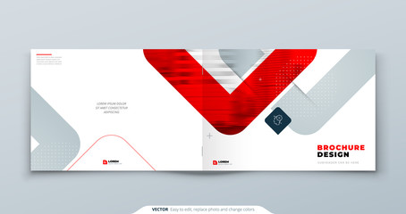 Wall Mural - Horizontal Red Brochure Design. A4 Cover Template for Brochure, Report, Catalog, Magazine. Landscape Brochure Layout with Bright Color Shapes and Abstract Photo on Background. Modern Brochure concept