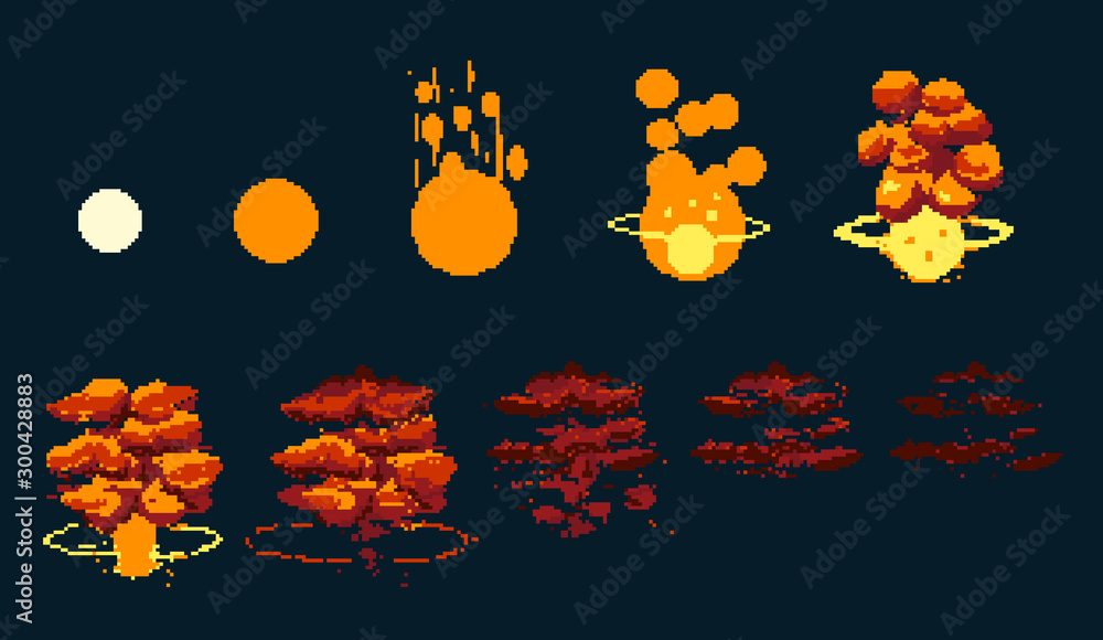 Pixel art explosion. Game icons set. Comic boom flame effects for ...
