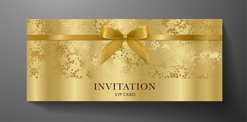 Luxurious VIP Invitation template with gold bow, ribbon on golden textured background. Premium class design for Gift certificate, Voucher, Gift card 