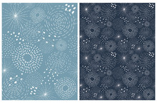 Abstract Fireworks Vector Patterns. White Hand Drawn Geometric Elements Isolated On A Pale Blue And Navy Blue Background. Simple Rough Print For Fabric, Textile, Wrapping Paper, Layout, Decoration.