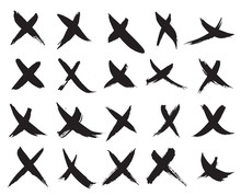 X Marks Icons. Collection Of 20 Black Hand Painted X Signs Isolated On A White Background. Vector Illustration