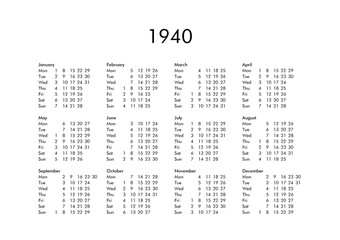 Wall Mural - Calendar of year 1940