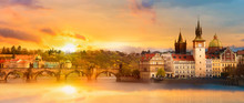 Scenic Summer View Of The Old Town Buildings, Charles Bridge And Vltava River In Prague During Amazing Sunset, Czech Republic