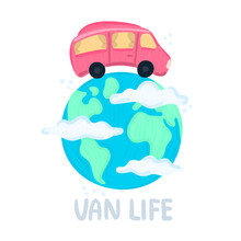 Van Life Concept. Campervan Circling Planet. Traveling Across World. Earth In Clouds. Red Camper In Movement. Lifestyle. Design For Poster, Sticker, Banner, Postcard, Brochure, Cover. Vector, Eps10
