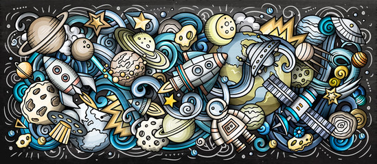 Space hand drawn cartoon doodles illustration. Colorful vector banner