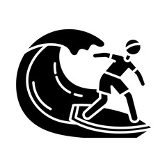 Sticker - Surfing glyph icon. Watersport, extreme kind of sport. Catching ocean wave, surfer balancing on board. Summer activity and hobby. Silhouette symbol. Negative space. Vector isolated illustration