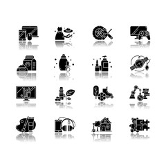 Poster - E commerce departments drop shadow black glyph icons set. Online shopping categories. Beauty, personal care. Fashion. Jewelry, watches. Auto parts. Sports and outdoors. Isolated vector illustrations