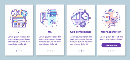Software development onboarding mobile app page screen with linear concepts. UX designing, prototyping walkthrough steps graphic instructions. UX, UI, GUI vector template with illustrations