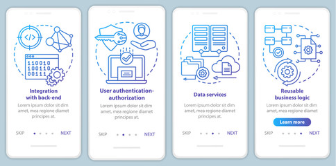 Software development onboarding mobile app page screen vector template. Application programming. Walkthrough website steps with linear illustrations. UX, UI, GUI smartphone interface concept