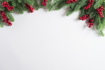 christmas background concept. top view of christmas gift box red balls with spruce branches, pine co
