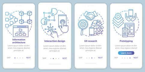 Software development onboarding mobile app page screen vector template. Application programming. Walkthrough website steps with linear illustrations. UX, UI, GUI smartphone interface concept