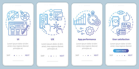 Software development onboarding mobile app page screen vector template. Application programming. Walkthrough website steps with linear illustrations. UX, UI, GUI smartphone interface concept