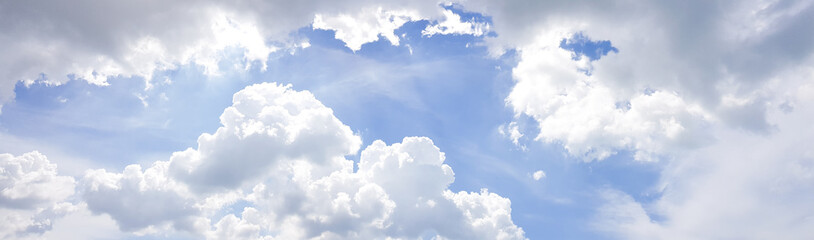 panorama of clear blue sky with white cloud background. clearing day and good weather in the morning
