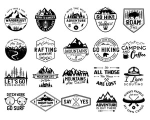Wall Mural - Vintage camp logo bundle, mountain badges set. Hand drawn labels designs. Travel expedition, canoe, wanderlust and hiking. Outdoor emblems. Logotypes collection. Stock vector isolated on white