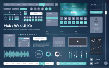 Flat Mobile Web UI Kit. Universal user interface for designing responsive websites, mobile apps. Gradient background. Different UX, GUI screens with buttons, slider, menu template. Modern space style.