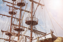 Mast Of An Ancient Sailing Pirate Ship Closeup