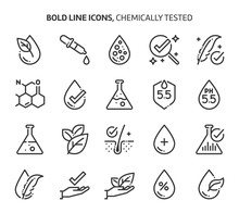 Chemically Tested Related, Bold Line Icons. The Illustrations Are About, Skin, Dermatology, Cosmetics, Allergy, Ph Values.