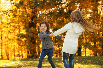 Wall Mural - Happy little girls playing in sunny park. Autumn walk