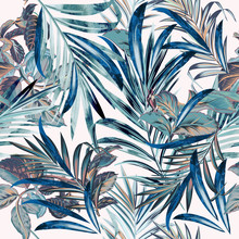 Floral Fashion Tropical Vector Pattern With Palm Leaves In Watercolor Style