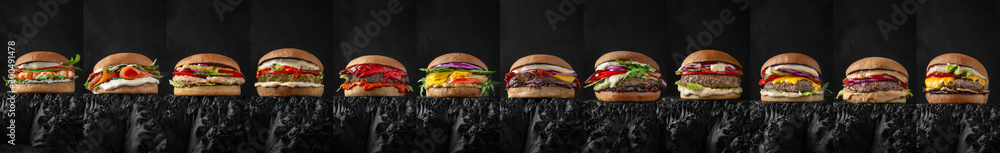 Superset of delicious juicy beef burgers, cheeseburgers, fishburgers made from aged beef cutlets, seafood, sauces. For posters, promotions, menus. Free space for text. - obrazy, fototapety, plakaty 