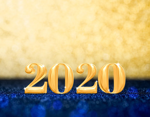 Poster - happy new year 2020 year number ( 3d rendering ) at sparkling golden and navy blue glitter studio background ,Holiday celebration Greeting card