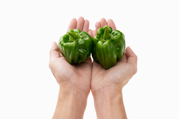 closeup of holding two fresh green pepper in hand with white background