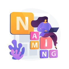 Naming company strategy. Identity, branding, promotion. Marketing university department student with laptop sitting on letters blocks flat character. Vector isolated concept metaphor illustration