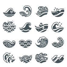 Set Of Ocean Wave Icon Vector. Modern And Traditional Sea Wave Style For Logo, Surf Sports, Tattoo.