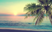 Summer Sea With Palm Tree At Sunset And Copy Space,sky Relaxing Concept,beautiful Tropical Background For Travel Landscape