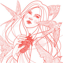 White And Red Beautiful Young Girl Holds Her Heart In Her Arms, Swallows Fly Around  