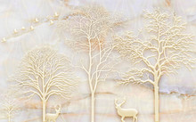 3d Illustration, Beige Marble Background, Embossed Trees, A Pair Of Deers And Birds