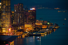 Hong Kong City At Night With Light City Scape