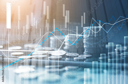Fotografía Financial stock market graph and rows of coins growth, abstract and symbol for finance concept, business investment and currency exchange, on blue background