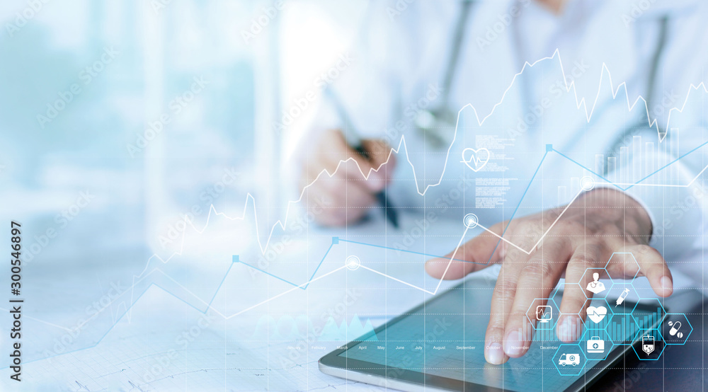 Healthcare business graph data and growth, Medical examination and doctor analyzing medical report network connection on tablet screen. - obrazy, fototapety, plakaty 