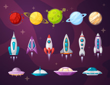 Cosmos And Ufo Flat Vector Illustrations Set