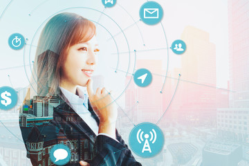 side view of business woman thinking overlay with cityscape