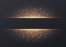 Lines With Stars And Sparkles Isolated On Transparent Background. Golden Luminous Background With Dust And Glares. Glowing Vector Light Effect.